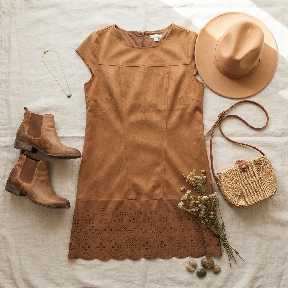 Xhilaration Faux Suede Shift Dress Brown Eyelet Scallop Hem Mini Size M
